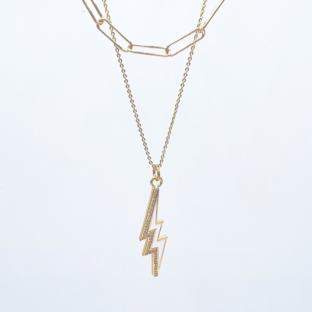 Gold filled paperclip and rolo chains with white enamel lightening bolt